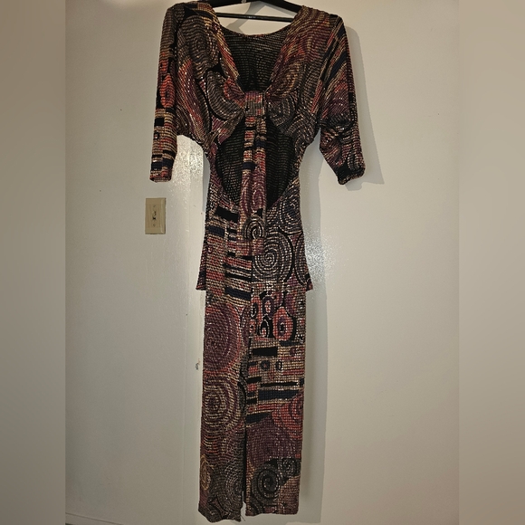 VINTAGE 1980's Janine Hand Painted Metallic Mosaic Runway Dress ITALY S - Picture 9 of 11